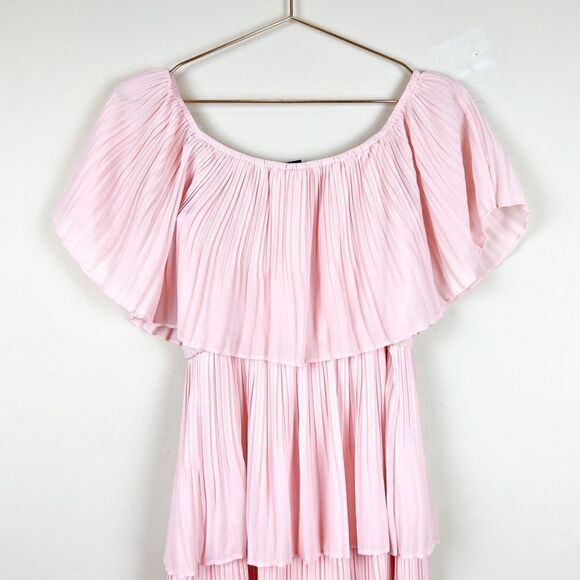 B Darlin Light Blush Pink Tiered Pleated Chiffon Off the Shoulder Dress - Picture 8 of 8